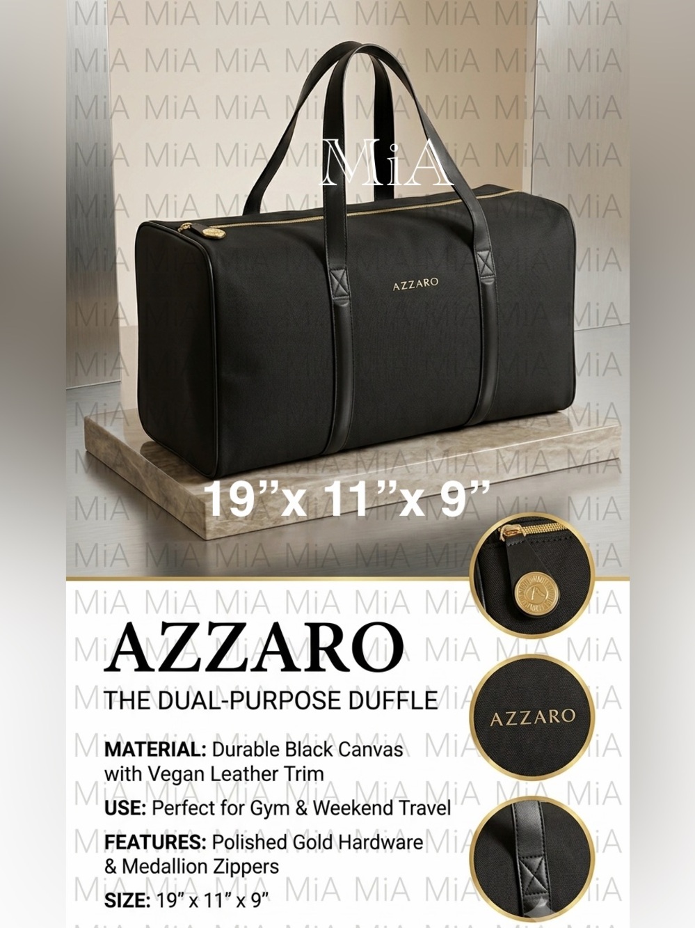 Azzaro Black Duffle Bag / Gym Bag/  Weekend Carry on Travel Bag (19”x11”x9”)